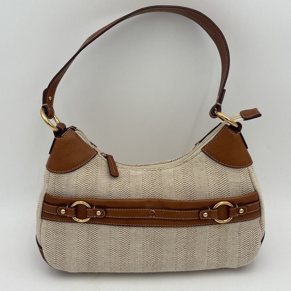 Vintage Etienne Aigner Woven Hand Bag Leather Trim Brass Hardware‎ Zip Closure